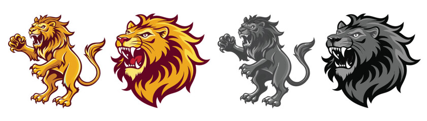 Roaring lion in full body and head. These vector pictograms of an animal, wild, king, predator, feline, mammal, roar, aggressive, powerful, fierce, majestic, mane, head illustration. 