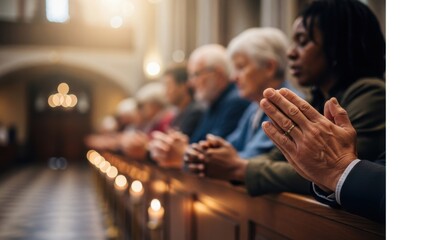 Man with joined hands praying in church pew. Group of diverse people worshiping god. Christian biblical concept.
