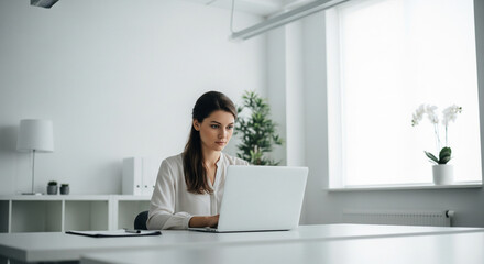 Elegant businesswoman focused on laptop in bright, modern office setting, showcasing productivity and professional success in a clean workspace