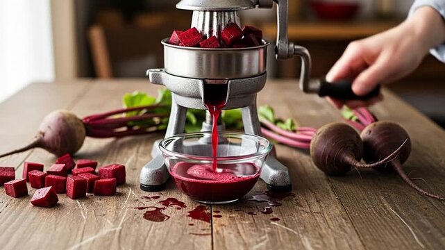Freshly squeezed beet juice being made at home with a manual juicer, promoting healthy lifestyle choices