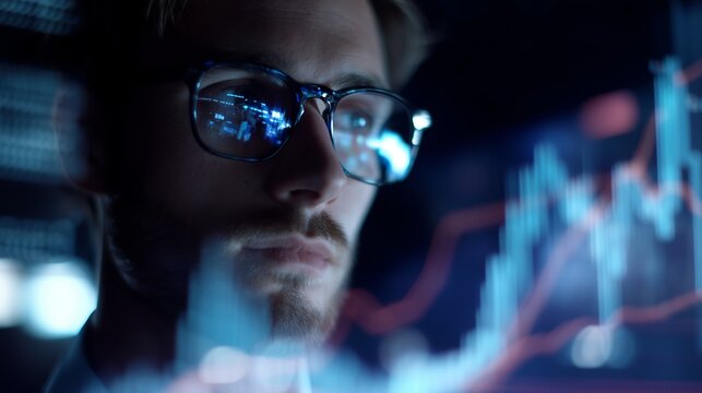 Focused analyst reviews stock market data in a dimly lit trading room during evening hours
