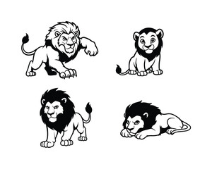 Four stylized cartoon lions in different poses and expressions black and white illustration for design and decoration