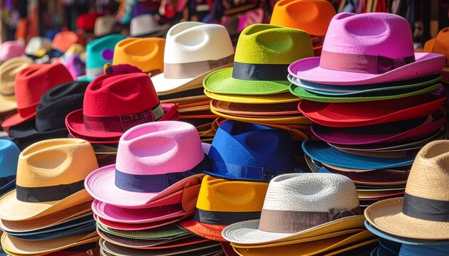 Colorful Hats Display at Market Stall Vibrant Fashion Accessory Photo