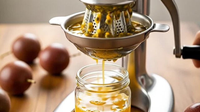 Fresh passion fruit pulp being pressed into golden juice using a hand squeezer