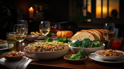 Elegant autumn dinner with wine and foods