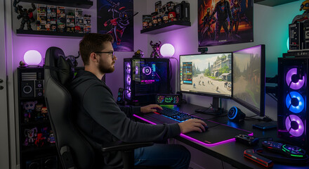 Obraz premium Man Playing Video Game at Home on Dual Monitors