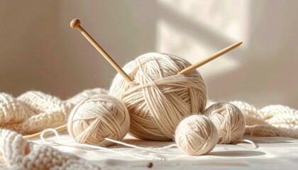 Creamy White Yarn Balls with Knitting Needles Cozy Winter Atmosphere