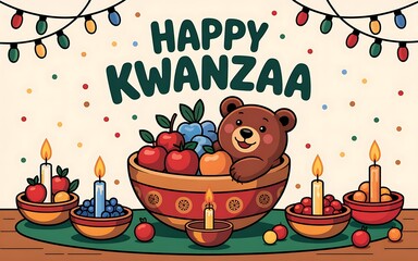 Kwanzaa celebration banner with kinara and seven lit candles, playful teddy bear in a bowl of berries, hanging string lights and confetti, warm family greeting design for cards and banners