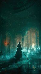 Silhouette of Woman Cleaning with Magical Sparkling Atmosphere