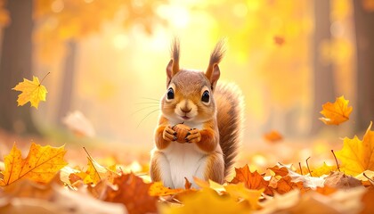 Adorable Squirrel with Acorn in Autumn Leaves