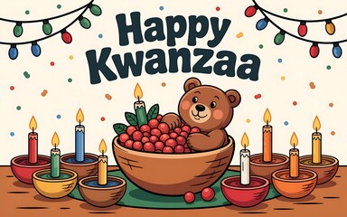 Kwanzaa celebration banner with kinara and seven lit candles, playful teddy bear in a bowl of berries, hanging string lights and confetti, warm family greeting design for cards and banners