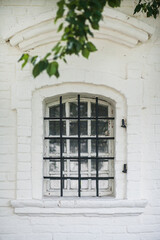 Obraz premium White brick wall with barred window surrounded by green leaves