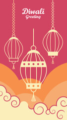 Fototapeta premium Modern Diwali celebration flyer with golden lanterns on gradient pink and orange background