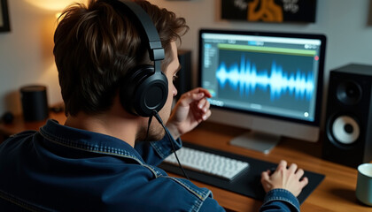 Audio production professional creating soundwaves on computer with headphones and screen displaying digital waveform with copy space