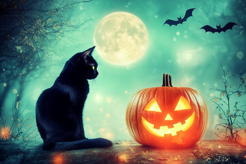 Black cat sitting beside carved jack-o-lantern pumpkin with full moon.