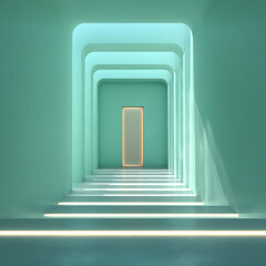 An abstract, futuristic hallway features a series of receding teal archways, illuminated by subtle light strips on the stairs, leading towards a glowing portal in the distance.
