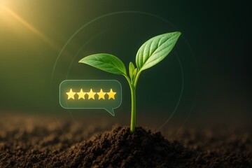 Young green plant sprout with five star customer satisfaction rating
