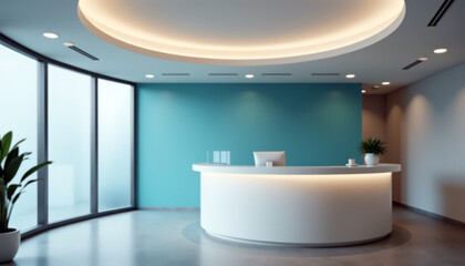 Modern office reception area with curved white desk and plants for professional workspaces with copy space