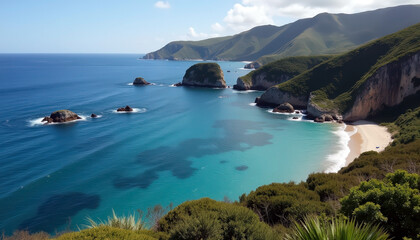 Scenic coastal landscape with cliffs and emerald waters beach view with copy space for summer vacation