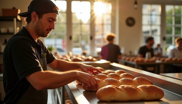 Young male baker preparing fresh loaves of bread in sunlit bakery interior with copy space for culinary workshop