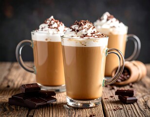 Three glasses of chocolate coffee drinks