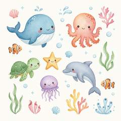 set of sea animals watercolor character sea animals 