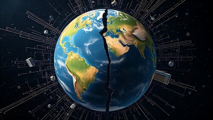 Fractured globe with mismatched seasonal quadrants spinning chaotically amid erratic satellite data.
