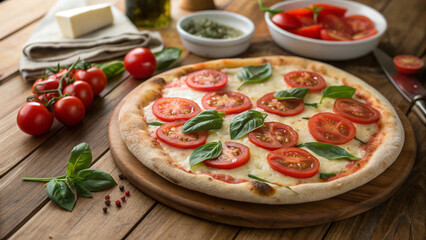 Italian-style Margherita pizza with classic toppings of tomato, mozzarella, and basil served in rustic wooden ambiance.