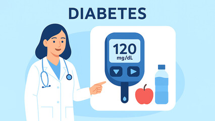 Flat-style digital illustration of diabetes concept with glucometer, doctor, and healthy food. Concept of blood sugar monitoring, healthcare, and preventive medicine.