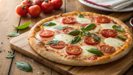 Appetizing homemade pizza with golden baked edges, gooey mozzarella, ripe tomatoes, and basil on wooden table.