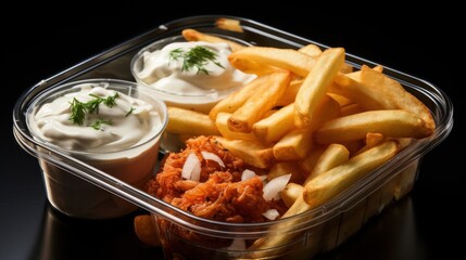 Delicious french fries meal in container