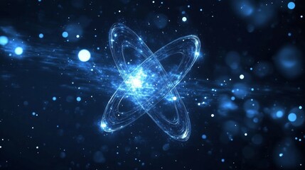 Vibrant Atomic Structure with Blue Electron Orbits Illustrating Quantum Mechanics Intricacies