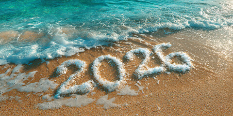Abstract ocean wave with sparkling white foam forming the glowing numbers &ldquo;2026&rdquo;. Festive summer holiday concept symbolizing new year, celebration and fresh start