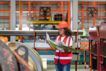 A woman is focused working on a machine in a factory. A female engineer is inspecting the operation of machinery in a factory.