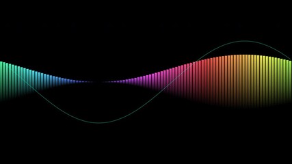 A vibrant spectrum of colorful bars undulates in a seamless loop, their heights perfectly tracing the elegant curve of a flowing sine wave against a black background. 4K Video. - Powered by Adobe