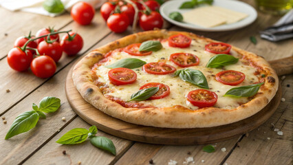 Rustic Italian pizza with bubbling mozzarella, juicy tomato slices, and green basil leaves on wooden serving board.