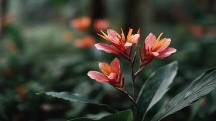Fototapeta premium Delicate, vibrant blossoms of coral-toned flowers, centered against a blurred backdrop of lush, dark green foliage, showcasing a soft, romantic mood.