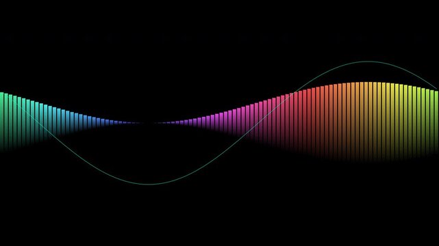 A vibrant spectrum of colorful bars undulates in a seamless loop, their heights perfectly tracing the elegant curve of a flowing sine wave against a black background. 4K Video.