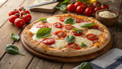 Authentic homemade pizza featuring golden crust, melted cheese, ripe tomatoes, and basil in warm natural dining setting.