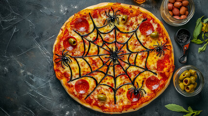 Board with tasty pizza and decorations for Halloween party.