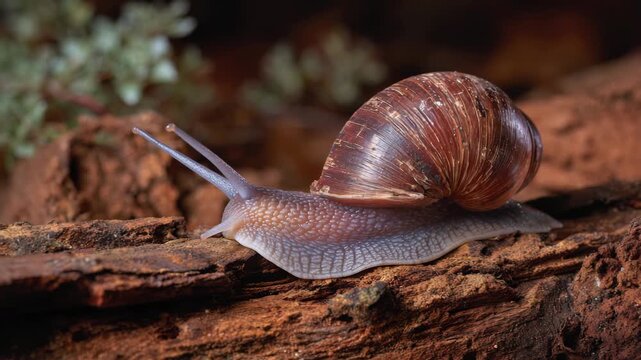 A garden snail moves slowly across a rustic wooden log surrounded by green foliage. The sun casts gentle light, highlighting its shell and body details
