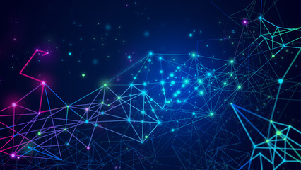 Vector art of abstract network of glowing lines and dots on dark background