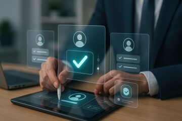 Businessman using tablet with holographic verified profile approval icon
