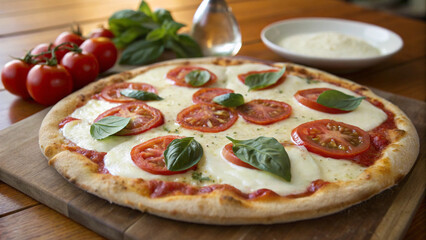 Delicious Italian Margherita pizza topped with mozzarella, fresh tomatoes, and basil leaves on a rustic wooden surface.