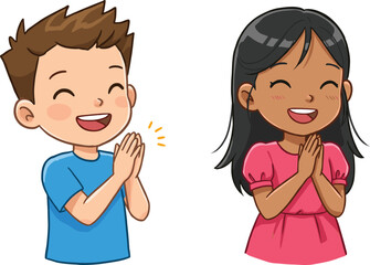 Cartoon boy and girl clapping hands, cute children illustration, happy kids, smiling faces, adorable drawing, friendship, celebration, playful childhood artwork