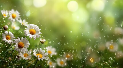Spring Background With Daisies And Raindrops, White Flowers On Right Side With Green Bokeh Center, Sparkling Particles.