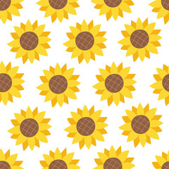 A repeating pattern of yellow sunflowers with brown centers