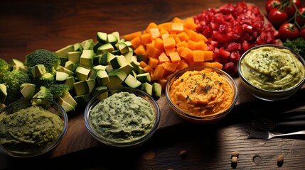 Fresh vegetable platter with colorful dips