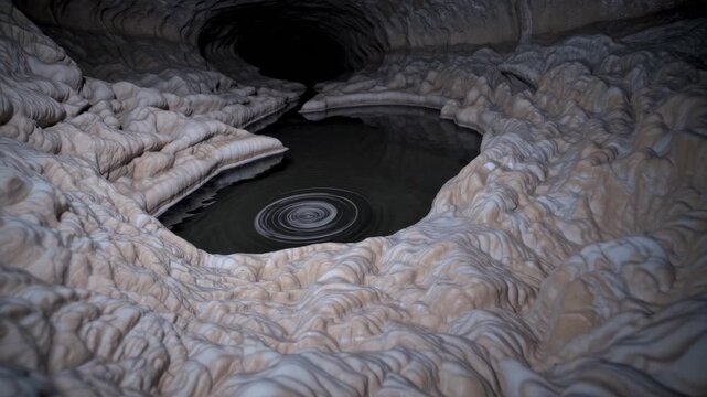 Natural Flowstone Formation in a Cave with a Calm Water Surface Creating a Tranquil Atmosphere, Captured with Shallow Depth of Field