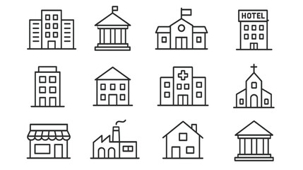 Collection of simple line drawings depicting various building types in a grid layout for architecture inspiration